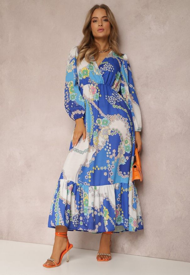 Renee - Granatowa Sukienka z Bawełny Argista. Kolor: niebieski. Materiał: bawełna. Długość rękawa: długi rękaw. Wzór: aplikacja, kwiaty. Sezon: lato. Typ sukienki: kopertowe. Długość: maxi