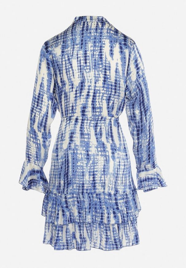 Born2be - Niebieska Sukienka Mini Ozdobiona Falbankami i Akwarelowym Wzorem Panava. Typ kołnierza: kołnierz z falbankami. Kolor: niebieski. Długość rękawa: długi rękaw. Wzór: aplikacja. Długość: mini