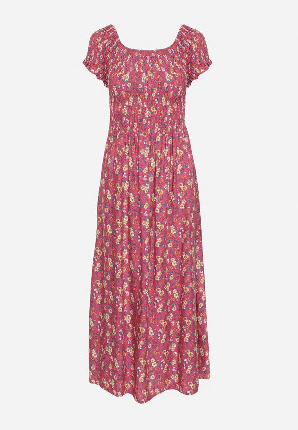 Born2be - Ciemnoróżowa Wiskozowa Sukienka Typu Hiszpanka z Gumką w Pasie w Drobne Kwiaty Luadia. Okazja: na co dzień. Typ kołnierza: dekolt hiszpanka. Kolor: różowy. Materiał: wiskoza. Długość rękawa: krótki rękaw. Wzór: kwiaty. Styl: casual