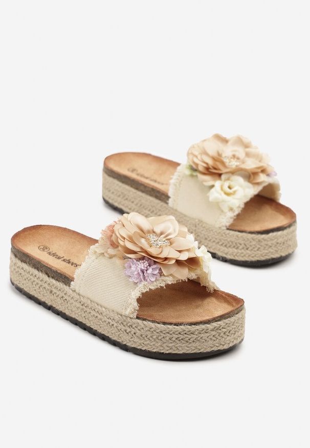 Born2be - Beżowe Klapki na Podeszwie z Plecionki Zdobione Kwiatową Aplikacją Janovia. Okazja: na co dzień, na spacer. Kolor: beżowy. Wzór: aplikacja, kwiaty. Sezon: lato. Styl: casual