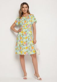 Born2be - Jasnoniebieska Sukienka Hiszpanka z Bawełną i Motywem Cytrusów Avfila. Okazja: na co dzień. Typ kołnierza: dekolt hiszpanka. Kolor: niebieski. Materiał: bawełna. Sezon: lato. Styl: casual, elegancki #4
