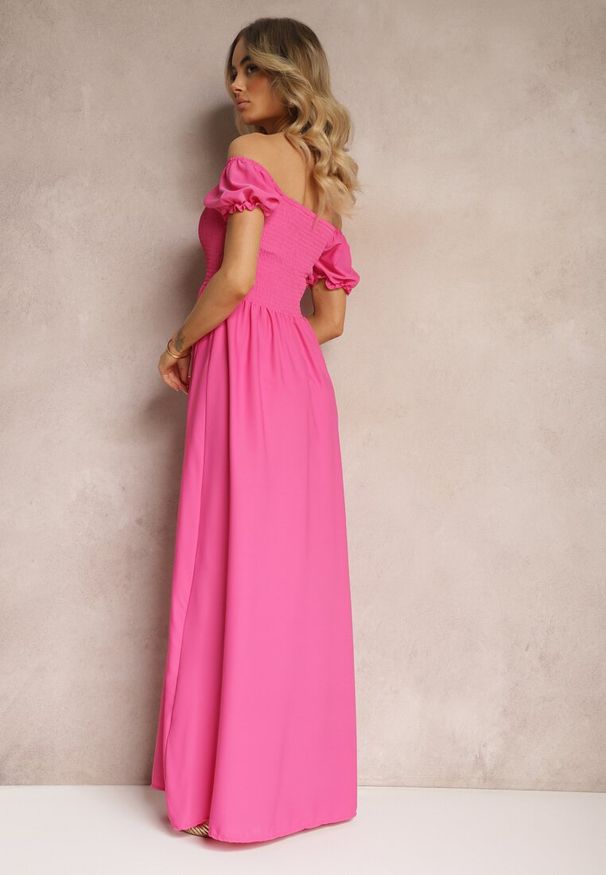 Renee - Różowa Sukienka z Gumeczkami w Talii i Przy Dekolcie z Rozkloszowanym Dołem Anideta. Okazja: na co dzień. Kolor: różowy. Typ sukienki: proste, rozkloszowane. Styl: elegancki, casual