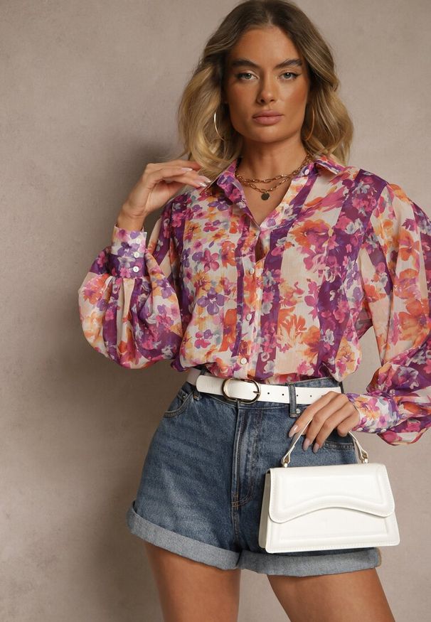 Renee - Fioletowa Koszula z Szerokimi Rękawami z Przezroczystej Tkaniny Barias. Kolor: fioletowy. Materiał: tkanina. Styl: klasyczny