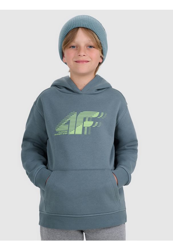 4f - 4F Bluza dresowa nierozpinana z kapturem chłopięca - turkusowa 122 (6-7 lat). Okazja: na co dzień. Typ kołnierza: kaptur. Kolor: turkusowy. Materiał: dresówka. Wzór: gładki, ze splotem, nadruk. Sezon: lato. Styl: klasyczny, casual, sportowy