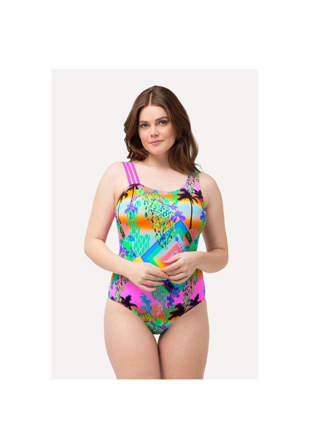 ULLA POPKEN - Damski Strój kąpielowy miękkie miseczki potrójne ramiączko. Kolekcja: plus size. Kolor: różowy, pomarańczowy, wielokolorowy. Materiał: elastan, poliamid, materiał