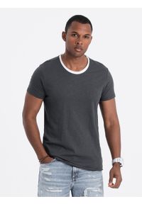 Ombre Clothing - Męski t-shirt z surowym wykończeniem – grafitowy V7 - Rozmiar: S. Okazja: na co dzień. Kolor: szary. Materiał: skóra, materiał, bawełna. Wzór: aplikacja. Styl: casual #8