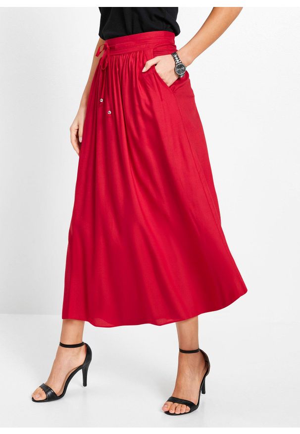 bonprix - Spódnica maxi z wiskozy z wygodnym ściągaczem w talii z wiązanym paskiem. Kolor: czerwony. Materiał: wiskoza. Wzór: nadruk. Styl: elegancki