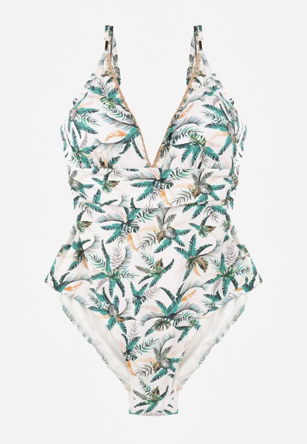 Born2be - Biało-Zielony Strój Kąpielowy w Liściasty Wzór Corravia. Kolekcja: plus size. Kolor: beżowy