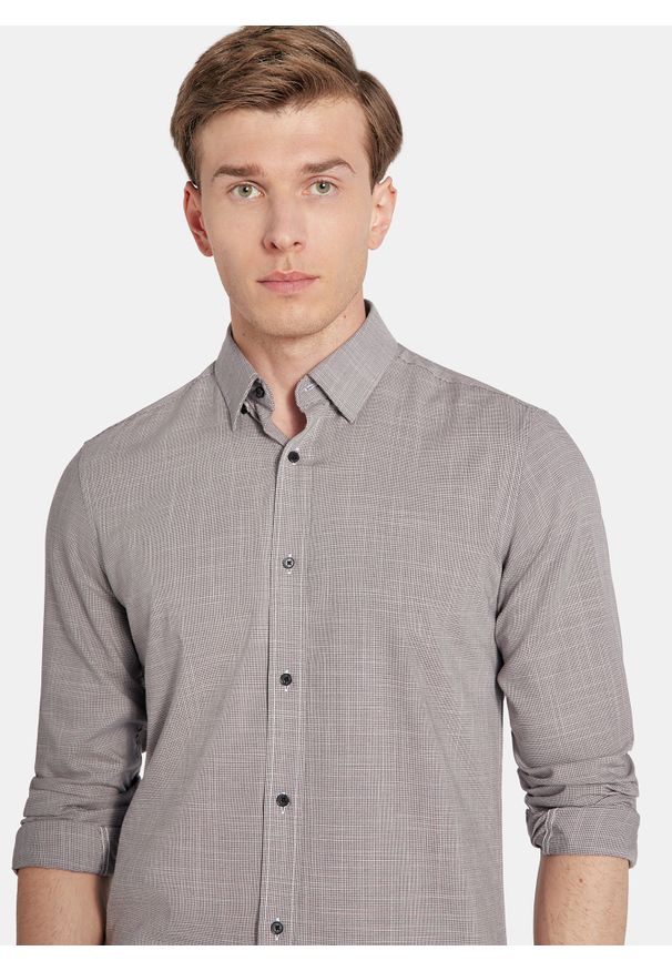 Pako Lorente - PAKO LORENTE - Brązowa koszula w drobną kratę. Kolor: niebieski, brązowy. Materiał: elastan, wiskoza, poliester. Długość rękawa: długi rękaw. Długość: długie. Sezon: jesień