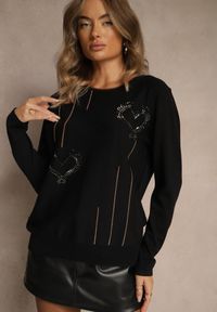 Renee - Czarny Sweter z Cyrkoniowymi Sercami Unorevia. Kolor: czarny. Materiał: jeans