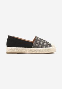 Born2be - Czarne Espadryle z Plecionym Sznurkiem i Geometrycznym Wzorem Sdivira. Okazja: na co dzień. Kolor: czarny. Materiał: jeans. Wzór: geometria. Obcas: na obcasie. Styl: casual, elegancki. Wysokość obcasa: niski #4