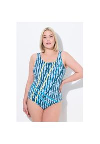 ULLA POPKEN - Damski Strój kąpielowy wzór w fale lamówka bez miękkich miseczek z recyklingu. Kolekcja: plus size. Kolor: zielony. Materiał: poliester, elastan, poliamid, materiał