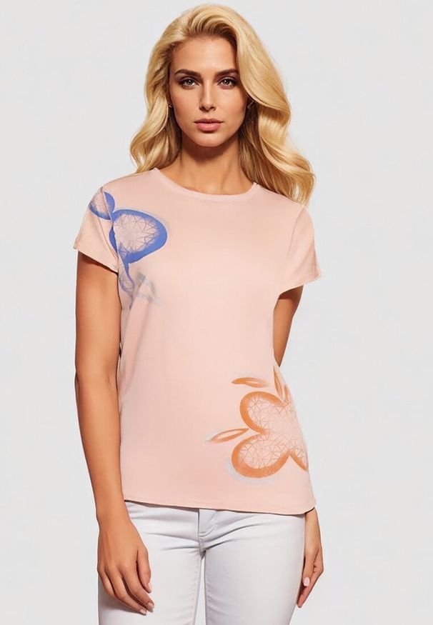 Born2be - Jasnoróżowy Klasyczny T-shirt z Bawełny Ozdobiony Nadrukiem i Cyrkoniami Kristinae. Okazja: na co dzień. Kolor: różowy. Materiał: bawełna. Wzór: aplikacja, nadruk. Styl: klasyczny