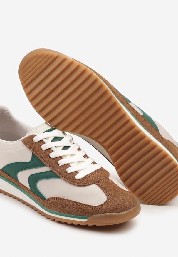 Renee - Brązowo-Zielone Sneakersy Tenisówki z Przeszyciami Julioria. Okazja: na co dzień. Kolor: brązowy. Materiał: jeans, materiał