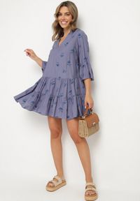 Born2be - Niebieska Sukienka z Wiskozą o Rozkloszowanym Kroju z Haftem i Falbankami Axneria. Okazja: na co dzień. Typ kołnierza: kołnierz z falbankami. Kolor: niebieski. Materiał: wiskoza. Wzór: haft. Typ sukienki: rozkloszowane. Styl: casual, klasyczny #6