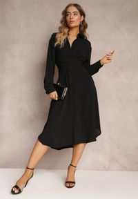 Renee - Czarna Sukienka Midi z Kołnierzykiem i Materiałowym Paskiem Rasik. Kolor: czarny. Materiał: materiał. Sezon: jesień, wiosna. Typ sukienki: koszulowe. Długość: midi #3