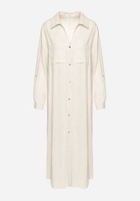 Born2be - Beżowa Koszulowa Sukienka z Lnem i Wiskozą z Regulowanymi Rękawami Melvezia. Okazja: na co dzień. Kolor: beżowy. Materiał: len, wiskoza. Typ sukienki: koszulowe. Styl: casual #2