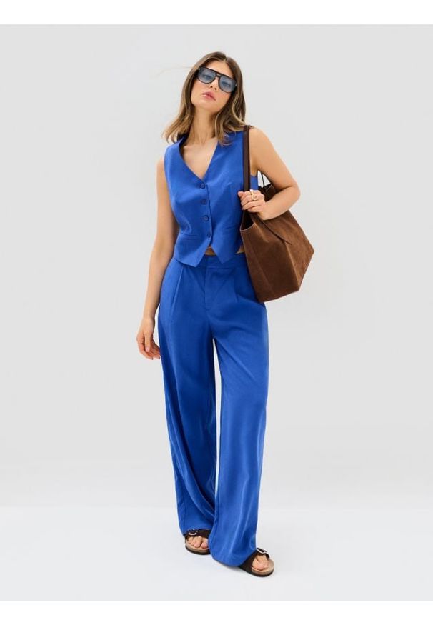 Sinsay - Spodnie wide leg z domieszką lnu - niebieski. Kolor: niebieski. Materiał: len