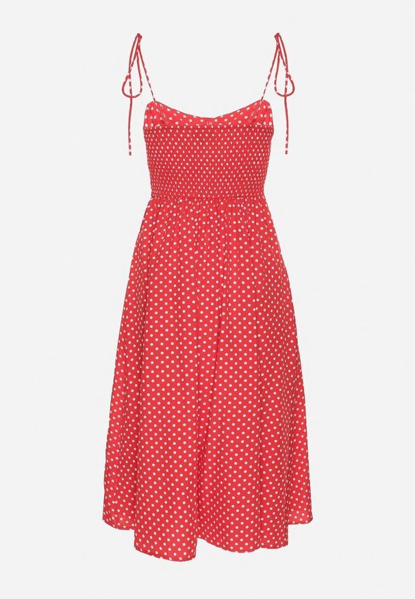 Born2be - Czerwona Sukienka Midi w Kropki na Ramiączkach Ionttis. Kolor: czerwony. Materiał: tkanina. Długość rękawa: na ramiączkach. Wzór: kropki. Długość: midi