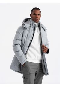 Ombre Clothing - Ciepła długa męska kurtka typu parka z wełną – jasnoszary melanż V3 - Rozmiar: L. Kolor: szary. Materiał: wełna. Długość: długie. Wzór: melanż #4