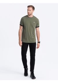 Ombre Clothing - T-shirt męski bawełniany z kontrastującymi wstawkami - oliwkowy V4 S1632 - XXL. Kolor: oliwkowy. Materiał: bawełna. Długość rękawa: krótki rękaw. Długość: krótkie. Wzór: aplikacja. Styl: klasyczny #4