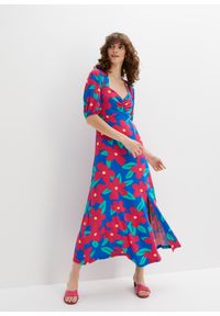 bonprix - Sukienka midi z rozcięciem. Kolor: niebieski. Wzór: nadruk, kwiaty. Długość: midi