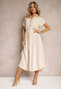 Renee - Beżowa Sukienka Koszulowa z Materiałowym Paskiem Zapinana na Guziki Quintia. Okazja: na co dzień. Kolor: beżowy. Materiał: materiał. Typ sukienki: koszulowe. Styl: klasyczny, casual, elegancki