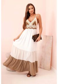Kesi Włoski - Sukienka damska boho maxi na ramiączkach z ażurową górą beżowy + camelowy. Okazja: na plażę, na spacer. Kolor: beżowy. Materiał: materiał, poliester. Długość rękawa: na ramiączkach. Wzór: ażurowy. Sezon: lato. Typ sukienki: rozkloszowane. Styl: boho. Długość: maxi