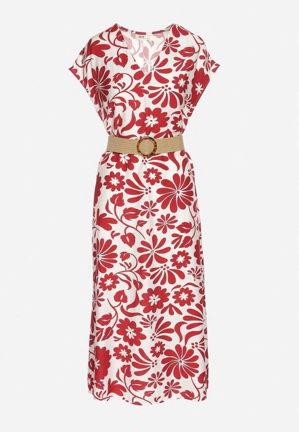 Born2be - Czerwona Wiskozowa Sukienka o Rozkloszowanym Kroju z Ozdobnym Paskiem z Klamrą Zarolena. Okazja: na imprezę, na co dzień, na spacer. Typ kołnierza: dekolt w kształcie V. Kolor: czerwony. Materiał: wiskoza. Sezon: lato. Typ sukienki: rozkloszowane. Styl: casual, elegancki