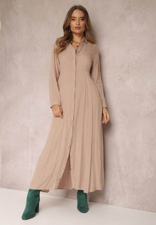 Renee - Beżowa Sukienka Hillcrest. Kolor: beżowy. Długość rękawa: długi rękaw. Typ sukienki: koszulowe. Długość: maxi