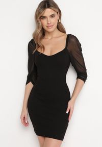 Born2be - Czarna Bawełniana Dopasowana Sukienka Mini z Przeźroczystymi Rękawami 3/4 Ferdiana. Okazja: na imprezę. Kolor: czarny. Materiał: bawełna. Typ sukienki: dopasowane. Styl: elegancki. Długość: mini #1