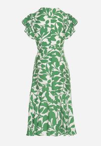 Born2be - Jasnozielona Rozkloszowana Sukienka z Wiązaniem w Roślinny Wzór Janitaie. Okazja: na co dzień. Typ kołnierza: dekolt w serek. Kolor: zielony. Materiał: jeans. Długość rękawa: krótki rękaw. Styl: klasyczny, casual, elegancki #5