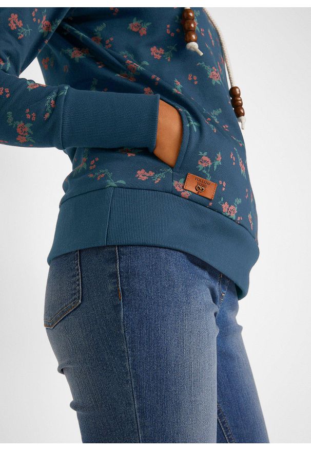 bonprix - Bluza z kapturem z troczkami z czystej bawełny. Typ kołnierza: kaptur. Kolor: niebieski. Materiał: bawełna