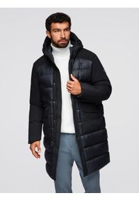 Ombre Clothing - Długa męska pikowana kurtka z dużymi kieszeniami – czarna V1 - Rozmiar: L. Typ kołnierza: kaptur. Kolor: szary. Materiał: syntetyk, tkanina, materiał. Długość: długie. Wzór: gładki
