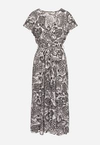 Born2be - Czarno-Biała Sukienka z Kopertowym Dekoltem z Gumką w Talii i Materiałowym Paskiem Xelovia. Okazja: na co dzień. Kolor: czarny. Materiał: materiał. Typ sukienki: kopertowe. Styl: casual, elegancki #6