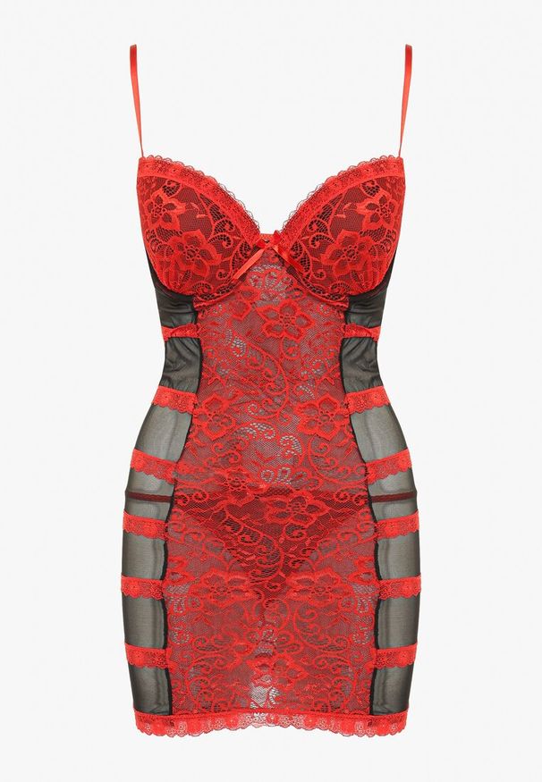 Renee - Czerwona Elegancka Koszula Nocna ze Stringami i Subtelną Koronką Mareole. Kolor: czerwony. Materiał: koronka. Wzór: koronka