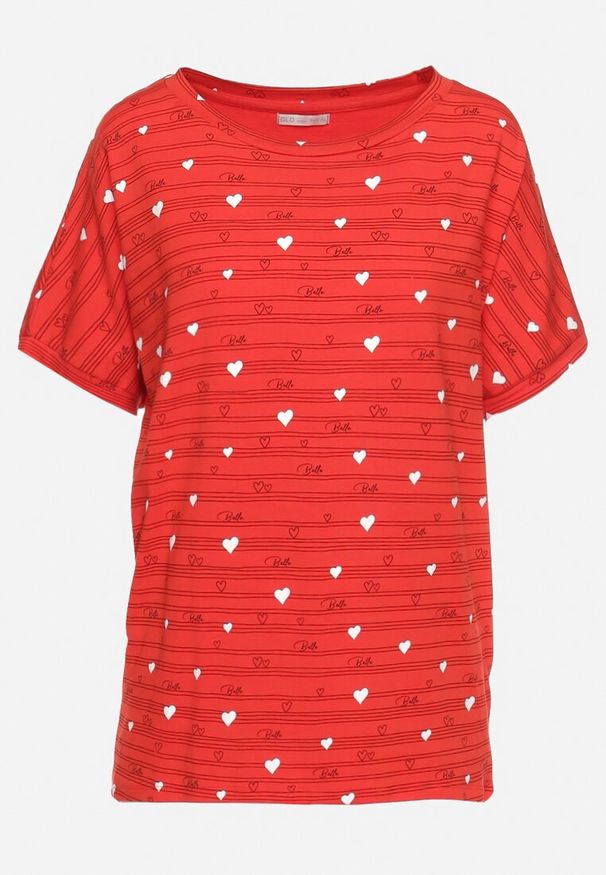Born2be - Czerwona Bawełniana Bluzka w Print o Fasonie Nietoperza Velttia. Kolor: czerwony. Materiał: bawełna. Wzór: nadruk. Styl: wizytowy