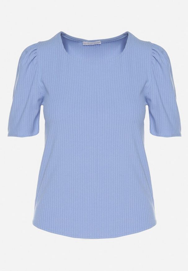 Born2be - Niebieski Prążkowany T-shirt z Zakładkami przy Rękawach Kolanovia. Okazja: na co dzień. Kolor: niebieski. Materiał: prążkowany. Styl: casual