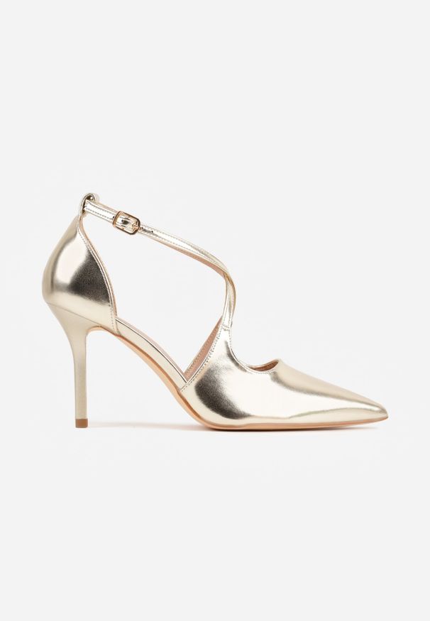 Renee - Złote Szpilki VICES z Paseczkami w Kształcie Litery X Alethise. Nosek buta: szpiczasty. Zapięcie: pasek. Kolor: złoty. Wzór: paski. Obcas: na szpilce. Styl: elegancki, glamour. Wysokość obcasa: średni