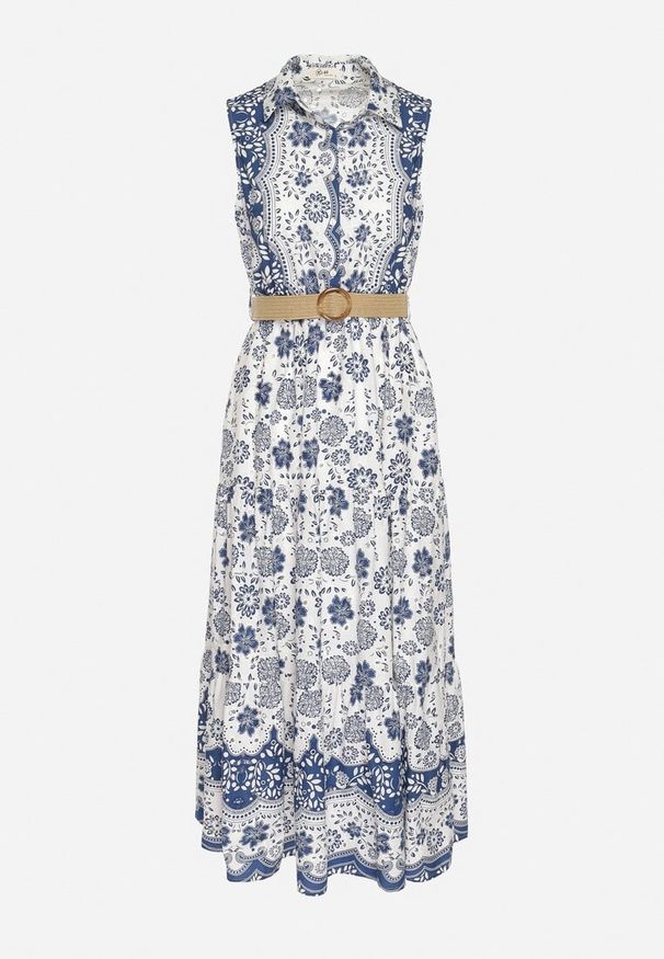 Born2be - Niebieska Bawełniana Sukienka o Koszulowym Kroju Bez Rękawów z Paskiem Mirulenia. Okazja: na co dzień. Typ kołnierza: dekolt w kształcie V. Kolor: niebieski. Materiał: bawełna. Długość rękawa: bez rękawów. Wzór: haft, aplikacja, kwiaty. Typ sukienki: koszulowe. Styl: casual