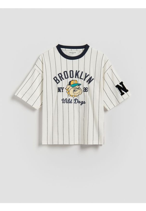 Reserved - Bawełniany t-shirt - złamana biel. Materiał: bawełna