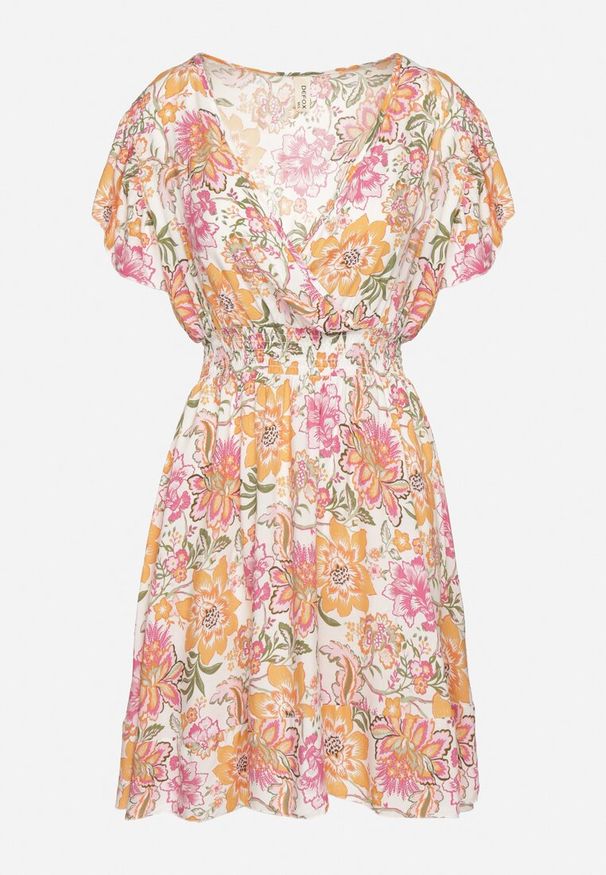 Born2be - Pomarańczowa Bawełniana Sukienka w Kwiaty z Kopertowym Dekoltem Rozkloszowana Jenovienna. Okazja: na co dzień. Typ kołnierza: dekolt kopertowy. Kolor: pomarańczowy. Materiał: bawełna. Wzór: kwiaty. Typ sukienki: kopertowe. Styl: casual, elegancki