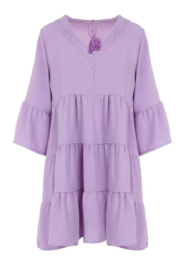 Born2be - Fioletowa Sukienka Cillitrite. Typ kołnierza: kołnierz z falbankami. Kolor: fioletowy. Wzór: ażurowy. Styl: boho. Długość: mini