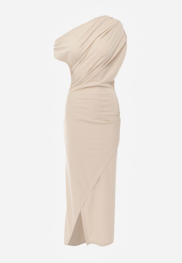 Renee - Jasnobeżowa Elegancka Sukienka o Dopasowanym Kroju na Jedno Ramię z Wycięciem na Nogę Dimatta. Kolor: beżowy. Typ sukienki: dopasowane, asymetryczne. Styl: elegancki