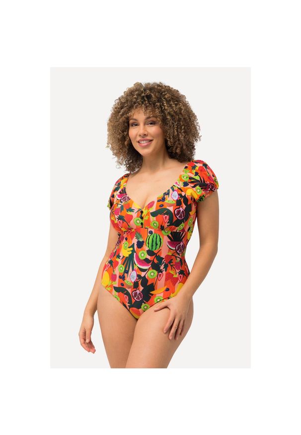 ULLA POPKEN - Damski Kostium kąpielowy owoce miękkie miseczki bufiaste rękawy. Kolekcja: plus size. Kolor: pomarańczowy. Materiał: elastan, poliamid