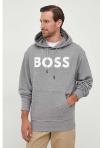 BOSS Orange - BOSS bluza bawełniana BOSS ORANGE męska kolor szary z kapturem z nadrukiem. Typ kołnierza: kaptur. Kolor: szary. Materiał: bawełna. Wzór: nadruk