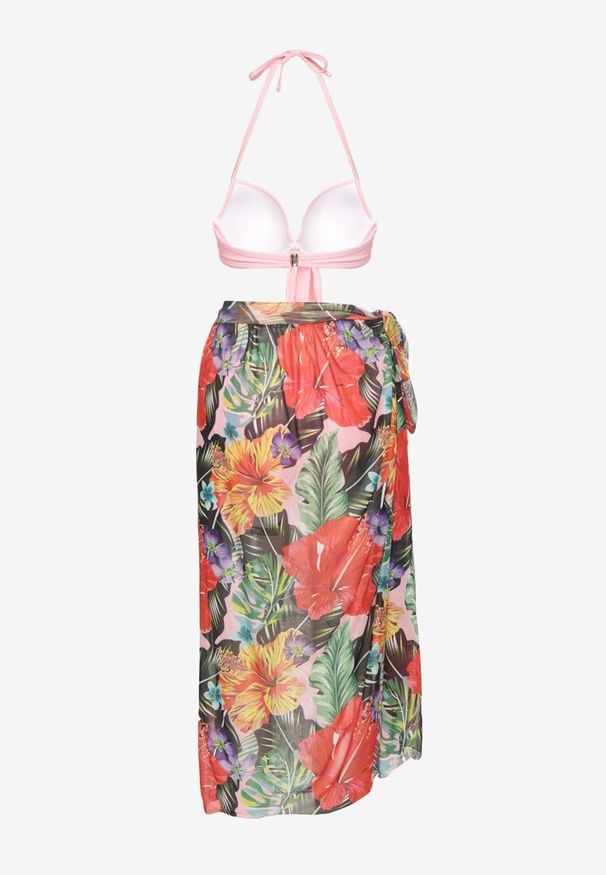 Born2be - Różowe Bikini Wiązany Biustonosz Majtki Typu Figi Pareo w Kwiaty Folava. Kolor: różowy. Wzór: kwiaty
