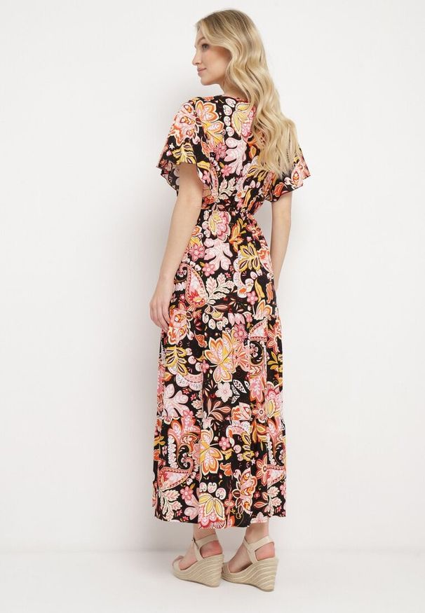 Born2be - Czarna Bawełniana Sukienka w Stylu Boho z Elastyczną Gumką w Talii Morgaine. Kolor: czarny. Materiał: bawełna. Styl: boho