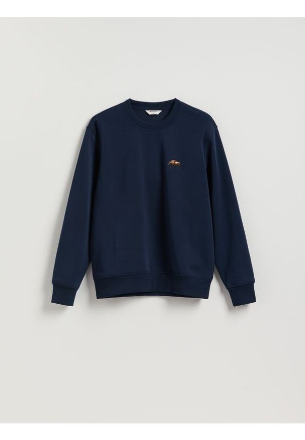 Reserved - Bluza z haftem - granatowy. Kolor: niebieski. Materiał: dzianina, bawełna. Wzór: haft