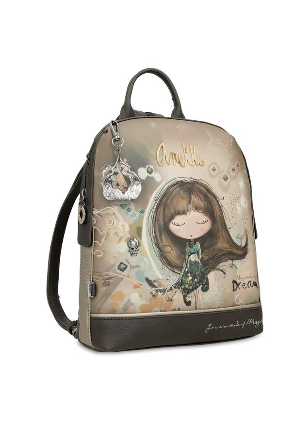 Szary Modny Damski Plecak Anekke Seria Real. Kolor: szary. Materiał: materiał. Wzór: aplikacja, haft. Styl: casual